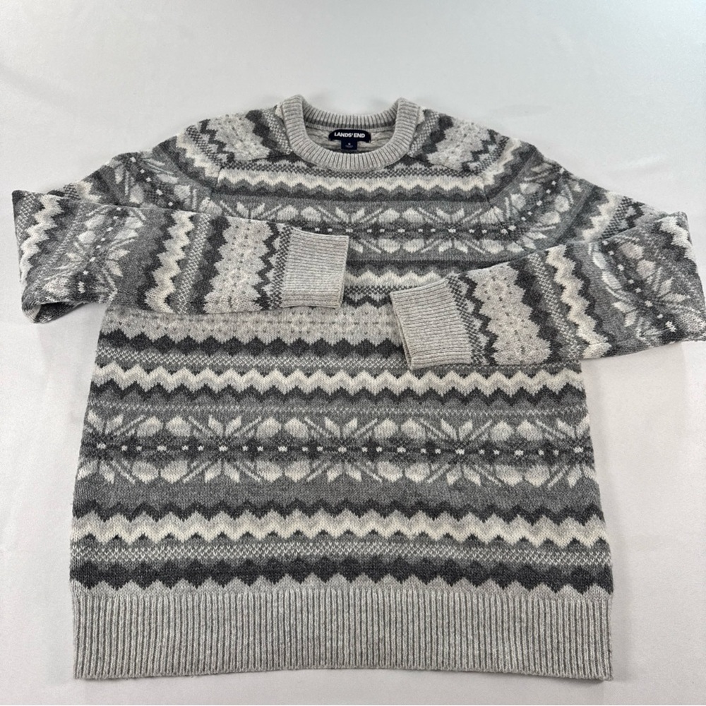 Lands' End Sweater Women's Small Fair Isle Shades Of Gray Cotton Wool Blend EUC